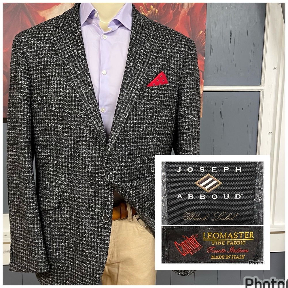 Joseph Abboud Knit Blazer Jacket Sport Coat Mens 46R Wool Nylon Gray/Black Check
